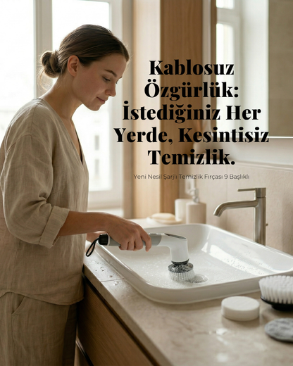 Yeni Nesil Şarjlı Temizlik Fırçası 9 Başlıklı