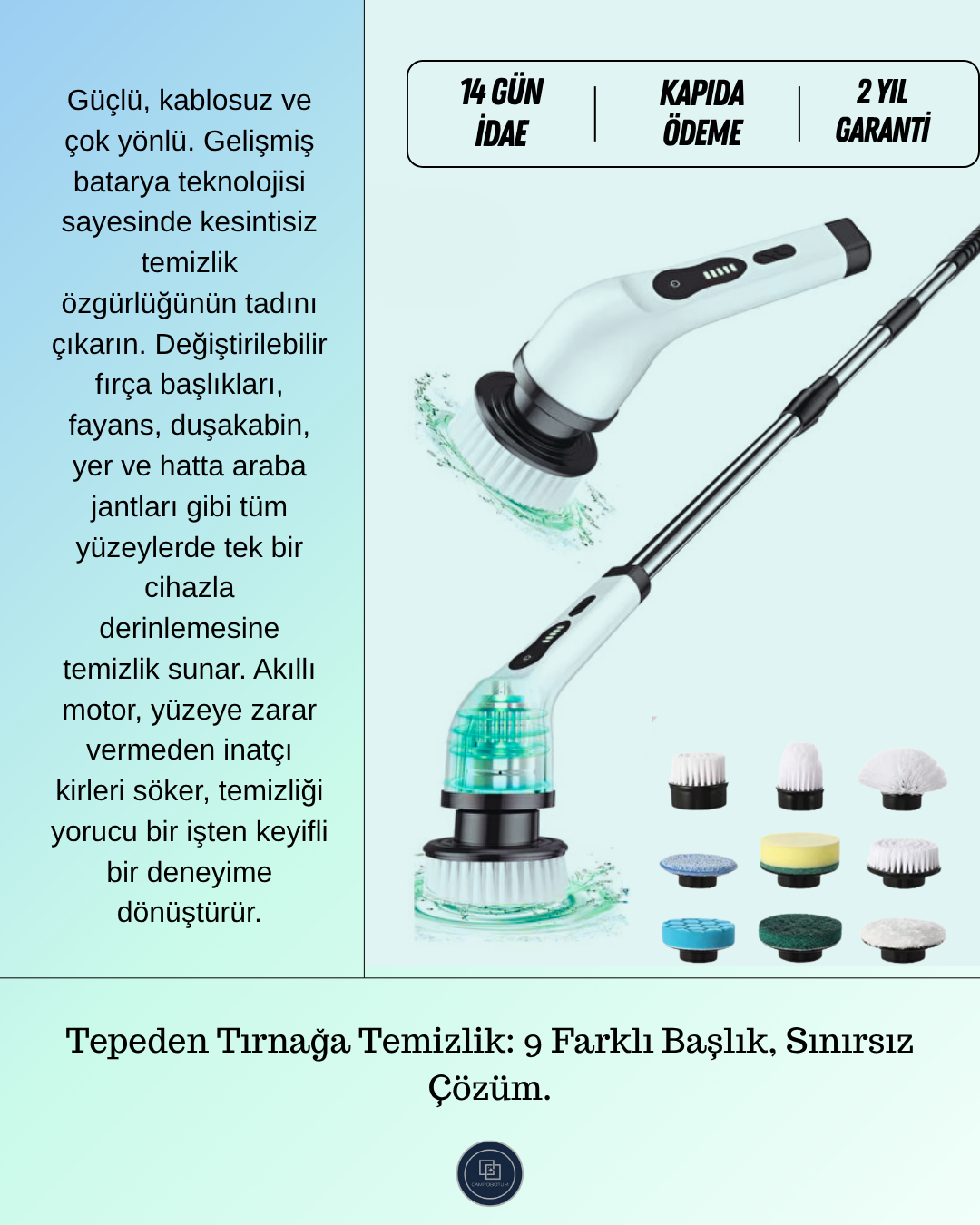 Yeni Nesil Şarjlı Temizlik Fırçası 9 Başlıklı