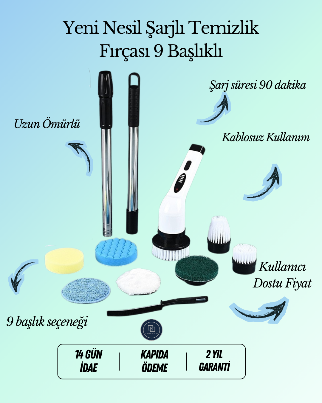 Yeni Nesil Şarjlı Temizlik Fırçası 9 Başlıklı
