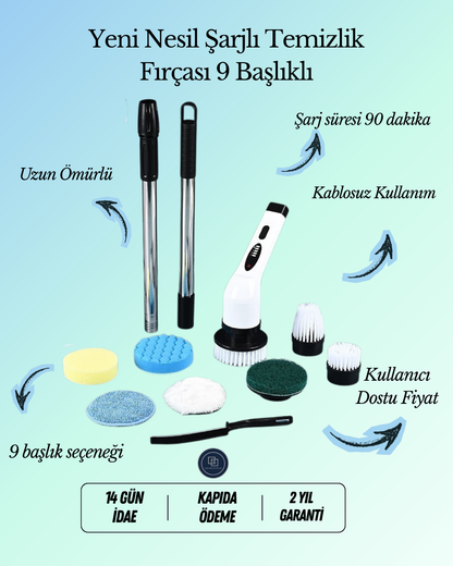 Yeni Nesil Şarjlı Temizlik Fırçası 9 Başlıklı