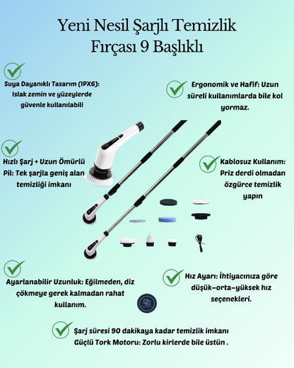 Yeni Nesil Şarjlı Temizlik Fırçası 9 Başlıklı